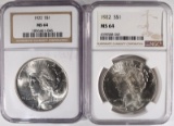 (2) 1922 PEACE SILVER DOLLARS, NGC MS-64