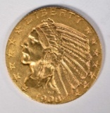 1908 GOLD $5 INDIAN CH BU+