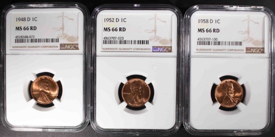 1948-D, 1952-D, 1958-D LINCOLN CENTS NGC MS66 RD