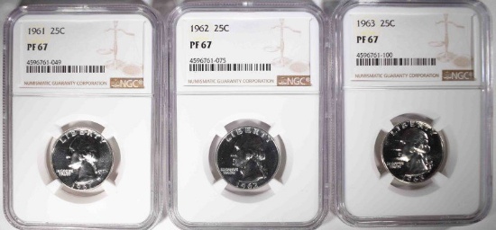 1961, 62 & 63 WASHINGTON QUARTERS, NGC PF-67