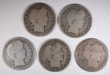 5 - BARBER HALF DOLLARS; 1899-O, 1906-S