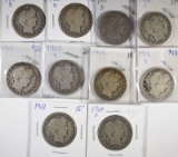 10 DIFFERENT BARBER HALF DOLLARS GOOD-VG/FINE