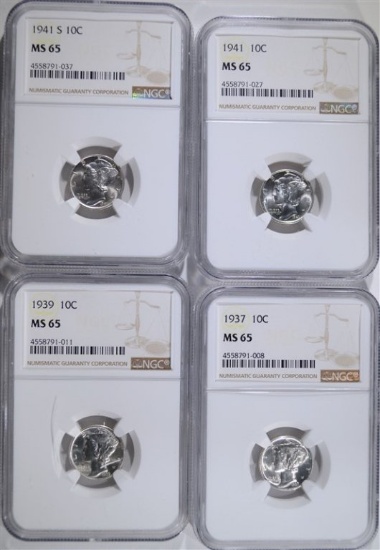 1937, 39, 41 & 41-S MERCURY DIMES, NGC MS-65