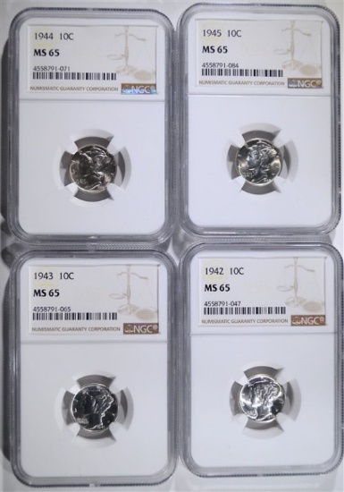 1942, 43, 44 & 45 MERCURY DIMES, NGC MS-65