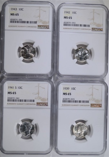 1939, 41-S, 42 & 43 MERCURY DIMES, NGC MS-65