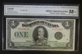 1923 $1 CANADA BANK NOTE CGA ABOUT UNCIRCULATED