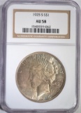 1925-S PEACE SILVER DOLLAR,  NGC AU 58