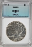 1934-S PEACE SILVER DOLLAR, EMGC CH BU