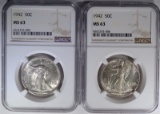 2-1942 WALKING LIBERTY HALF DOLLARS, NGC MS-63