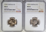 2-1938-D BUFFALO NICKELS, NGC-MS65