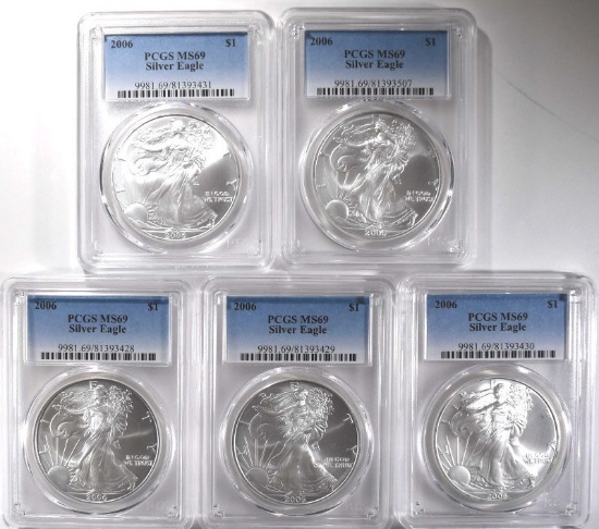 5-2006 AMERICAN SILVER EAGLES, PCGS MS-69