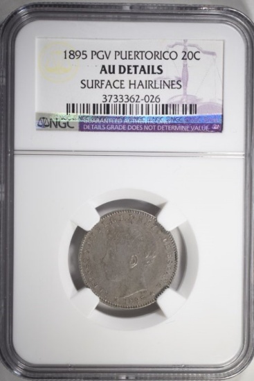 1895 PCV PUERTO RICO 20 CENTAVOS, NGC AU