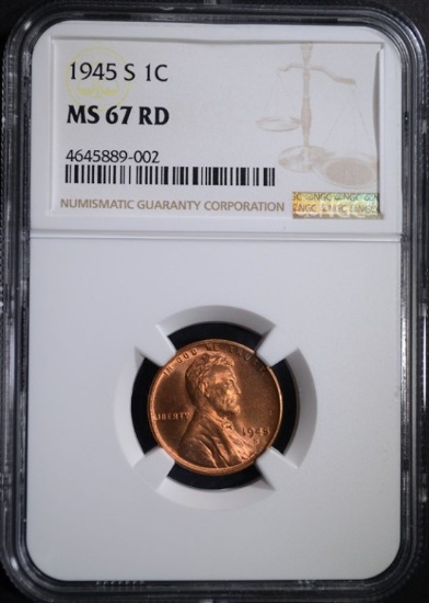 1945-S LINCOLN CENT NGC MS67 RD