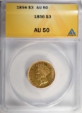 1856 $3 GOLD INDIAN PRINCESS ANACS AU50