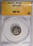 1874 SEATED DIME w/ARROWS ANACS MS62
