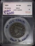 1820 LARGE CENT N-13A SEGS VG ABOUT 10 KNOWN