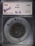 1822 LARGE CENT N-1, SEGS XF/AU RARE R-3