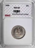 1858 SEATED LIBERTY QUARTER RNG CH BU