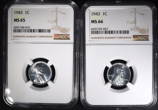 2 - 1943 STEEL CENTS NGC MS65 & MS66