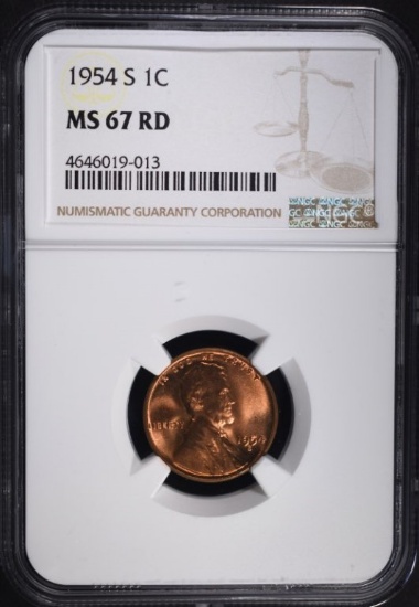 1954-S LINCOLN CENT NGC MS67 RD