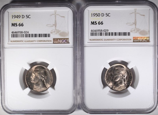 1949-D & 50-D JEFFERSON NICKELS, NGC MS-66