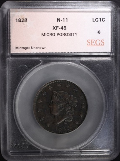 1828 LARGE CENT N-11, SEGS XF+