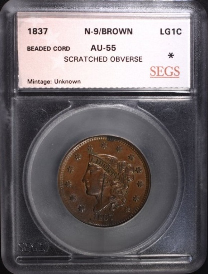 1837 LARGE CENT N-9 BN SEGS AU+