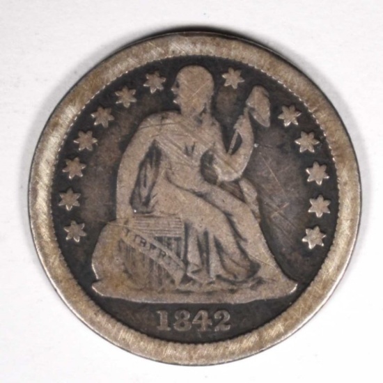 1842-O SEATED DIME, FINE few marks KEY DATE