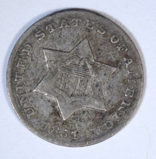 1851-O 3-CENT SILVER, VF few marks