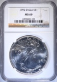 1992 AMERICAN SILVER EAGLE NGC MS69
