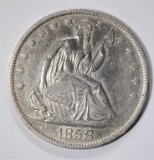 1858-O SEATED HALF DOLLAR, AU/BU