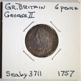 1757 G. BRITAIN 6-PENCE, AU NICE