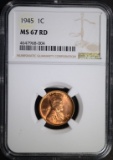 1945 LINCOLN CENT, NGC MS-67 RED