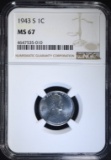 1943-S LINCOLN “STEEL” CENT, NGC MS-67