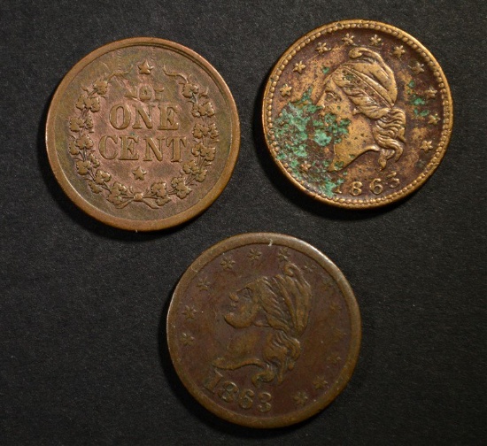 3-CIVIL WAR TOKENS: "IOU ONE CENT" & "ARMY & NA