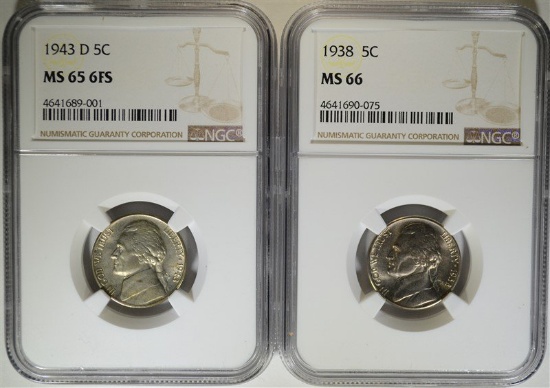 NGC GRADED NICKELS: 1938 MS-66 & 43-D MS-65 6 FS