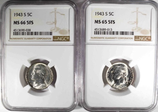 (2)1943-S JEFFERSON NICKLES NGC MS-65 FS + 66 FS