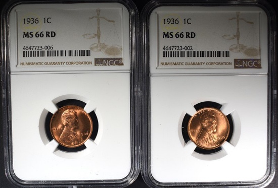 2-1936 LINCOLN CENTS, NGC MS-66-RED
