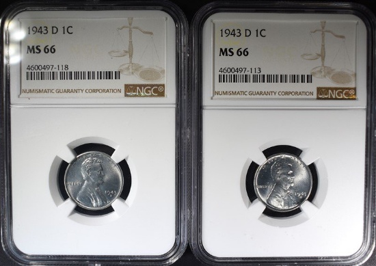 2-1943-D LINCOLN “STEEL” CENTS, NGC MS-66