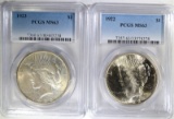 1922 & 1923 PEACE SILVER DOLLARS, PCGS-MS63