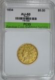 1834 $5.00 GOLD, PLAIN 4 PCSS AU/BU