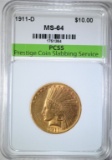1911-D $10.00 GOLD INDIAN, PCSS CH/GEM BU