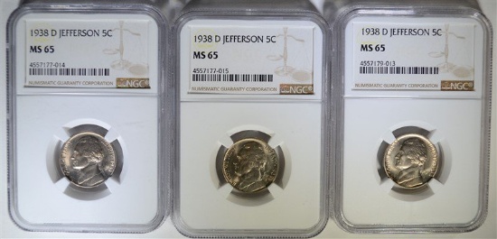 3 - 1938-D JEFFERSON NICKELS NGC MS65