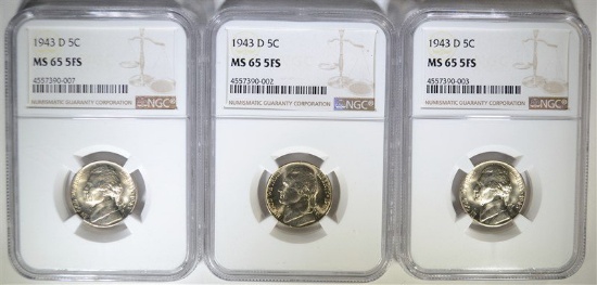 3 - 1943-D JEFFERSON NICKELS NGC MS65