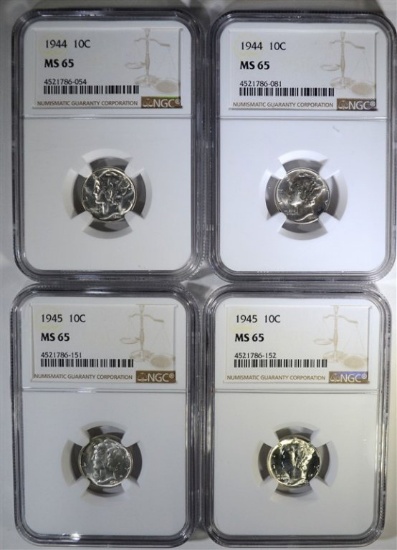 2 - 1944 & 2 - 1945 MERCURY DIMES NGC