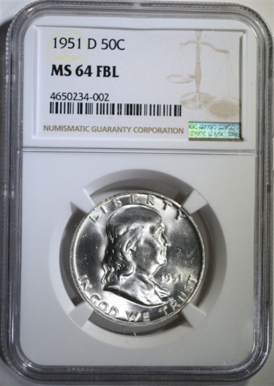 1951-D FRANKLIN HALF DOLLAR, NGC MS-64 FBL