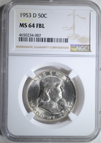 1953-D FRANKLIN HALF DOLLAR, NGC MS-64 FBL