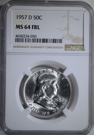 1957-D FRANKLIN HALF DOLLAR, NGC MS-64 FBL