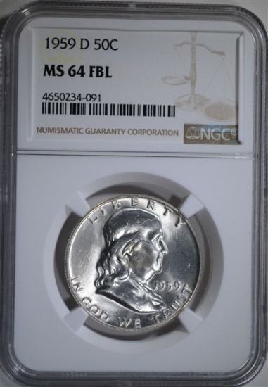 1959-D FRANKLIN HALF DOLLAR, NGC MS-64 FBL