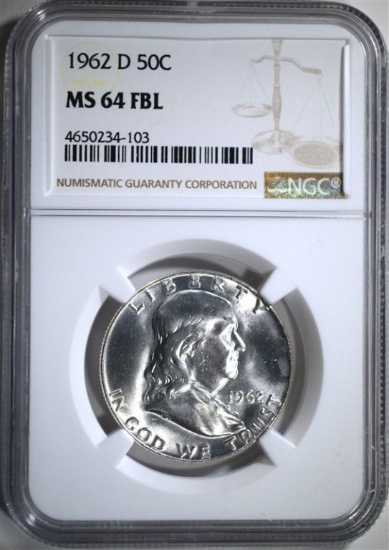 1962-D FRANKLIN HALF DOLLAR, NGC MS-64 FBL